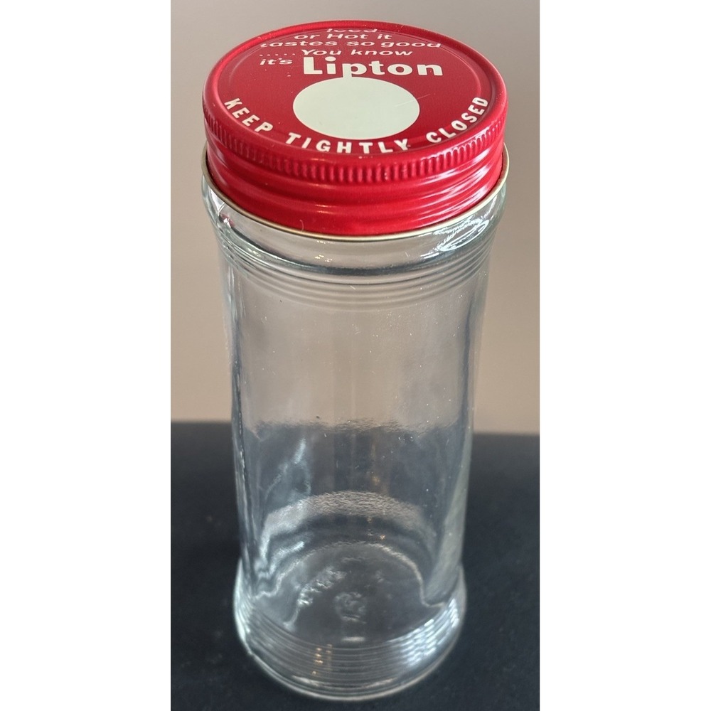Vtg Lipton Instant Tea Glass Jar w Red Screw Lid 6" Tall Empty Container Bottle